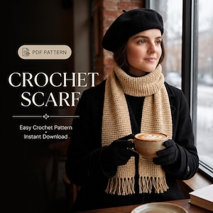 Könnte beinhalten: Ein beigefarbener Häkelschal mit Fransen an den Enden, getragen mit einer schwarzen Baskenmütze und einem schwarzen Mantel. Das Bild enthält den Text: PDF PATTERN, CROCHET SCARF, Easy Crochet Pattern, Instant Download. Der Schal hat ein strukturiertes Muster.