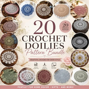 Könnte beinhalten: Ein digitales Musterpaket mit dem Titel 20 Crochet Doilies Pattern Bundle, das zwanzig kreisförmige Bilder von komplizierten, mehrfarbigen Häkeldeckchen in Weiß, Blau, Rosa, Grün und Braun sowie Symbole für PDF und Download enthält.