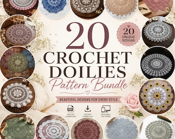 May include: A digital pattern bundle titled 20 Crochet Doilies Pattern Bundle featuring twenty circular images of intricate, multi-colored crochet doilies in various shades including white, blue, pink, green, and brown, with icons for PDF and download.