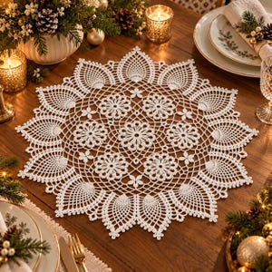 May include: A round white crochet doily featuring a complex, repeating floral and pineapple-inspired pattern with a scalloped edge. The intricate needlework displays a central cluster of flower motifs surrounded by openwork mesh and pointed leaves.