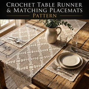 May include: A crochet table runner and matching placemats pattern featuring an intricate beige lace design with geometric diamond and circular motifs. The set is displayed on a wooden table with plates, silverware, and a ceramic pitcher.