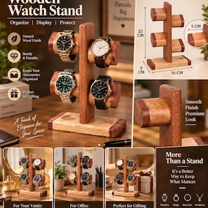 May include: A wooden watch stand with a vertical central post and four horizontal arms for displaying watches. The stand features a natural wood finish, measures 22 cm in height, 16 cm in width, and 8 cm in depth, with 5 cm wide watch holders.
