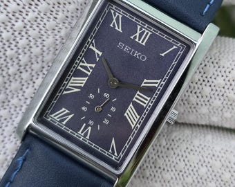 Vintage Seiko Tank Quartz Blue Dial Small Seconds Rectangular Blue LeatherStrap Refurbished Japan Watch