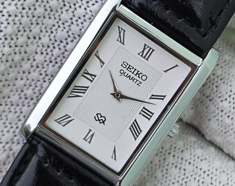 Vintage Seiko Tank Quartz White Roman Dial SilverTone Rectangular Leather Strap Refurbished Japan Watch