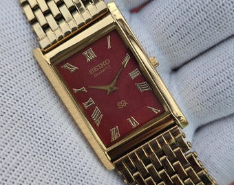 Vintage Seiko Quartz Tank Roman Numeral Red Dial Men & Women GoldTone Rectangular Refurbished Watch