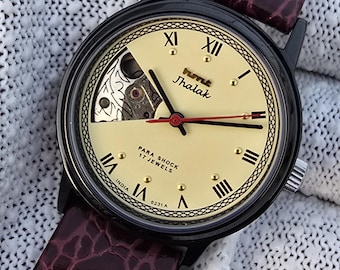 Vintage HMT Jhalak Open Heart Cream Dial 17Jewels Mechanical Hand-Winding Skeleton Window Refurbished Watch