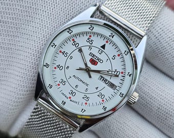 Vintage Seiko 5 Automatic White Dial  Day-Date 24hour 17 Jewel japanese Watch Mesh Strap