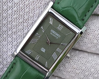 Vintage Seiko Tank Quartz Green Dial Rectangle Silver Case Green LeatherStrap Refurbished Japan watch
