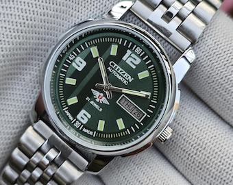 Vintage Citizen Automatic Green Dial DayDate 21 Jewels Japan Made Movement Refurbished  Steel Bracelet