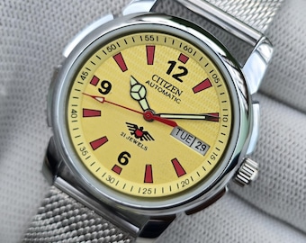 Vintage Citizen Automatic Yellow Dial DayDate 21 Jewels Japan Made Refurbished Steel Mesh Band