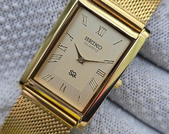 Vintage Seiko Tank Quartz Golden Dial GoldTone Rectangular Refurbished Slim Japan Made Unisex Wristwatch
