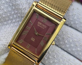 Vintage Seiko Tank Slim Burgundy Roman Dial Refurbished Japanese Wrist Watch