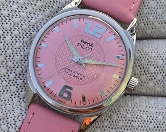 Vintage HMT Pilot 17Jewels Pink Dial Hand Winding Refurbished Mechanical Leather Strap Wrist Watch