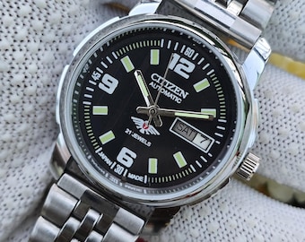 Vintage Citrin Automatik 21 Juwelen Schwarzes Zifferblatt DayDate Edelstahl Armband Japan Mechanische Uhr