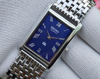 Vintage Seiko Tank Quartz Blue Dial Silver Tone Rectangular Refurbished Japan Made Unisex Wristwatch