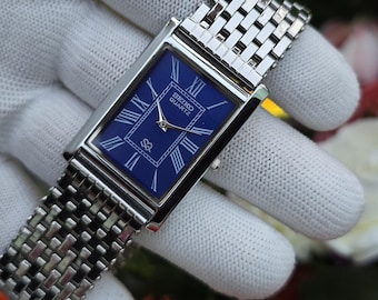 Vintage Seiko Tank Quartz Royal Blue Dial SilverTone Rectangular Refurbished Japan Made Unisex watch