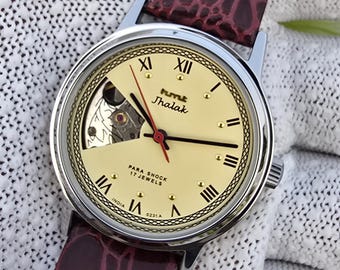 Vintage HMT Jhalak Open Heart Cream Dial 17Jewels Mechanical HandWinding Watch Burgundy Leather strap