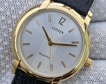 Vintage Citizen Quartz GoldTone Minimalist Dress Watch White Sunburst Dial Black Leather Strap Watch
