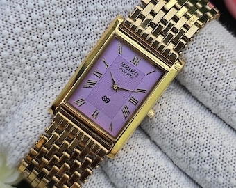 Vintage Seiko Tank Quartz Purple Roman Dial GoldTone Rectangular Refurbished Japan Made Unisex Watch