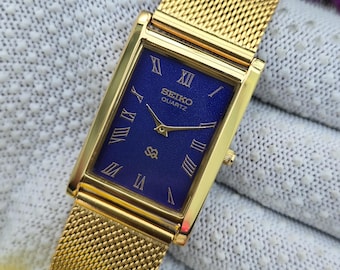 Vintage Seiko Tank Quartz Blue Roman Dial GoldTone Rectangular Refurbished Japan Made Unisex Wristwatch