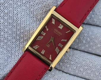 Vintage Seiko Tank Quartz Red Roman Dial GoldTone Rectangular Leather Strap Refurbished Japan Watch