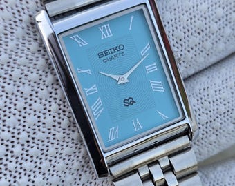 Vintage Seiko Tank Quartz Blue Dial Rectangular Silver Stainless Steel Bracelet Refurbished Japan Watch