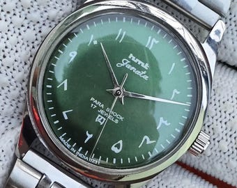 Vintage HMT Janata mechanische groene Urdu wijzerplaat 17 juwelen handopwinder gereviseerd horloge