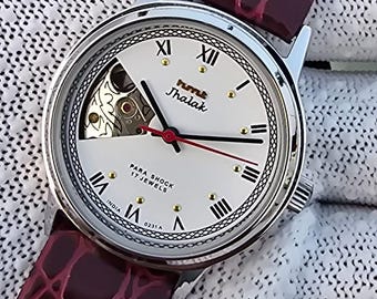 Vintage HMT Jhalak Open Heart Hand Winding White Dial 17Jewels Para Shock Mechanical Watch