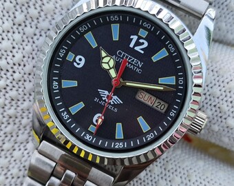 Vintage Citizen Automatic Blue Dial 21Jewels Day Date Stainless Steel Bracelet Japan Refurbished Watch