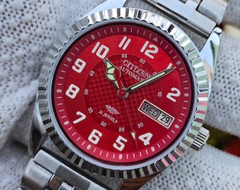 Vintage Citizen Automatic Red Dial 21Jewels Day Date Stainless Steel Bracelet Japan Refurbished watch