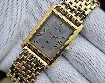 Vintage Seiko Quartz Tank Roman Numeral Gray Dial Men & Women GoldTone Rectangular Refurbished Watch