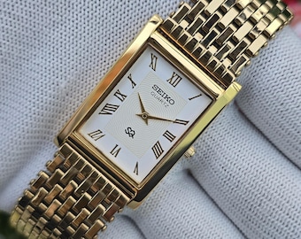 Vintage Seiko Quartz Tank Roman Numeral White Dial Men & Women GoldTone Rectangular Refurbished Watch