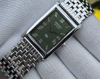 Vintage Seiko Tank Quartz Olive Green Dial SilverTone Rectangular Refurbished Japan Made Unisex Wristwatch