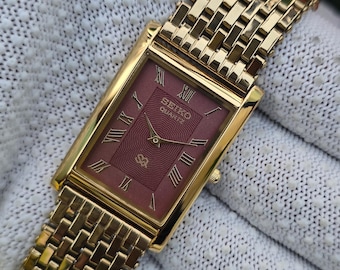 Vintage Seiko Tank Quartz Burgundy Roman Dial GoldTone Rectangular Refurbished Japan Made Unisex Watch