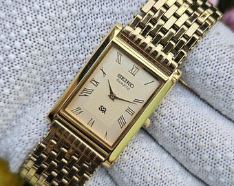 Vintage Seiko Tank Quartz GoldTone Golden Roman Dial  Refurbished Rectangular Japan Made Unisex watch