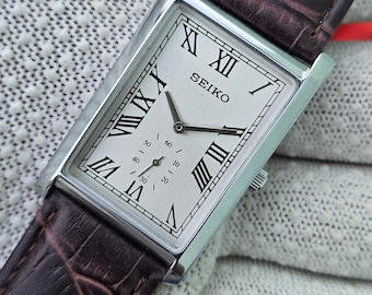 Vintage Seiko Tank Small Seconds White Roman Dial Rectangular Brown Leather Strap Refurbished Watch