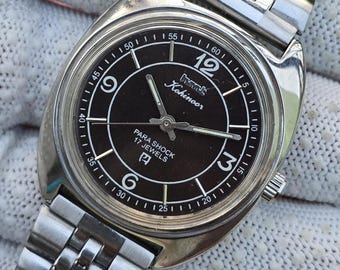 Vintage HMT Kohinoor Mechanisches Schwarzes Zifferblatt 17 Juwelen Handaufzug Edelstahl Armband Uhr