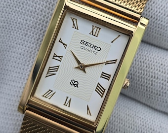 Vintage Seiko Tank Quartz White Roman Dial GoldTone Rectangular Refurbished Japan Made Unisex Wristwatch