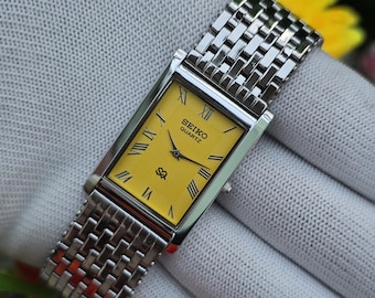 Vintage Seiko Tank Quartz Yellow Dial Silver Tone Rectangular Refurbished Japan Made Unisex Wristwatch
