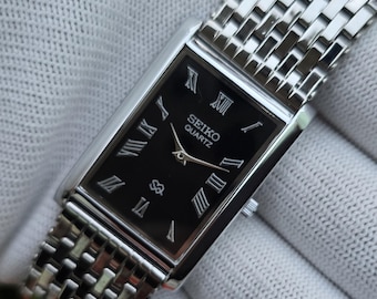Vintage Seiko Tank Quartz Black Dial Silver Tone Rectangular Refurbished Japan Made Unisex Wristwatch