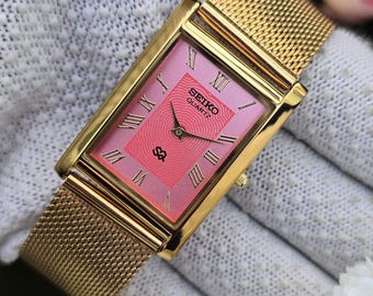 Vintage Seiko Tank Quartz Pink Roman Dial GoldTone Rectangular Refurbished Japan Made Unisex Wristwatch