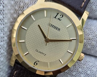 Vintage Citizen Quartz Golden Textured Dial GoldTone Brown Leather Strap Minimalist Refurbished Watch