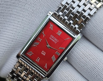 Vintage Seiko Quartz Tank Red Roman Dial SilverTone Refurbished Rectangular Japan Made Unisex Watch