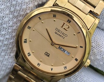 Vintage Seiko Quartz Golden Dial DayDate Gold Tone Stainless Steel Bracelet  Japan Refurbished Watch
