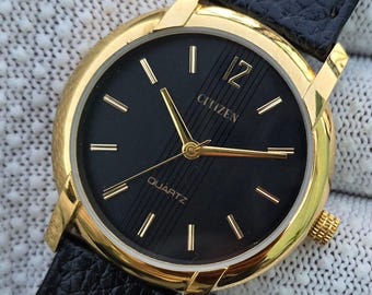 Vintage Citizen Quartz Black Dial Gold Tone Minimalist Men's Japanese Leather Strap Refurbished Watch