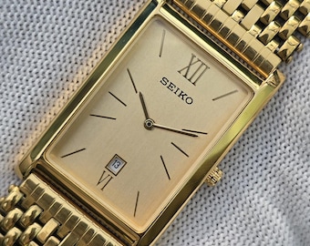 Vintage Seiko Tank Quartz GoldTone Golden Dial Date Display Rectangular Men's Watch Gold Bracelet