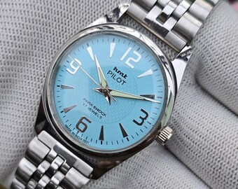 Vintage HMT Pilot Para Shock 17Jewels Hand Winding Sky Blue Dial Men's Mechanical Watch