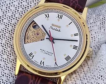 Vintage HMT Jhalak Open Heart White Dial GoldTone 17Jewels Mechanical HandWinding Leather Strap Watch