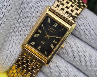 Vintage Seiko Tank Quartz GoldTone Black Roman Dial Refurbished Rectangular Japan Made Unisex Watch