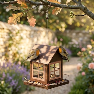Rustic Metal House-Shaped Bird Feeder, Hopper with Squirrel-Proof Design, Large-Capacity Outdoor Seed Feeder for Garden Yard Patio(19*7.3IN)